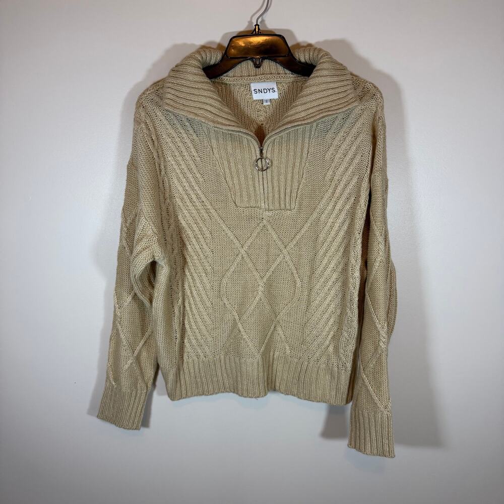 SNDYS. Jax Knit Sweater Womens S Beige Cozy Fold Over Collar Partial Front Zip